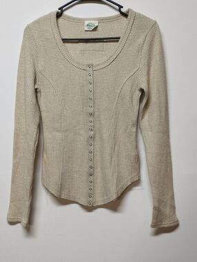 New Me Waffle Knit Top Snap Front Long Sleeve Scoop Neck, Size S